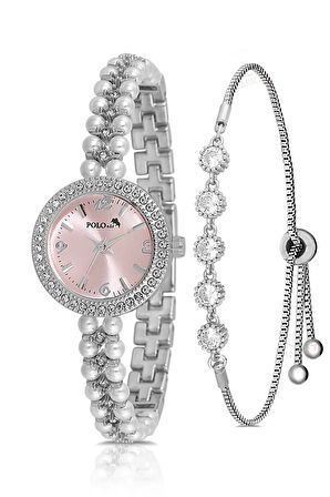 İnci Taşlı Görünümlü Kadın Kol Saati Zirkon Taşlı 5 Taş Bileklik Kombin Pembe Gümüş Renk PL-1528B4