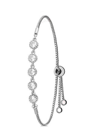 İnci Taşlı Görünümlü Kadın Kol Saati Zirkon Taşlı 5 Taş Bileklik Kombin Pembe Gümüş Renk PL-1528B4