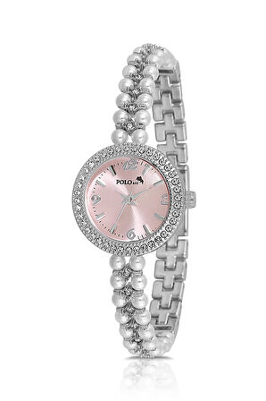 İnci Taşlı Görünümlü Kadın Kol Saati Zirkon Taşlı 5 Taş Bileklik Kombin Pembe Gümüş Renk PL-1528B4
