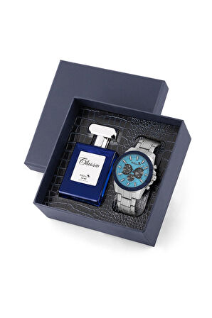 Erkek Kol Saati 55ml Parfüm Hediyelik Kutusunda Kombin Gümüş Mavi Renk PL-7010E2