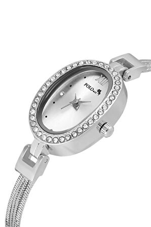 Oval Kasa Hasır Metal Kordon Kadın Kol Saati Zirkon Taşlı Yuvarlak Bileklik Gümüş Renk PL-1546B2