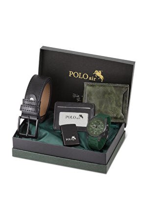 Erkek Kombin Set Cüzdan Kartlık Kemer Çakmak Erkek Saat Kol Saati Yeşil Siyah Renk PL-0981E3