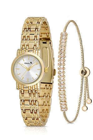 Zarif Kadın Kol Saati Zirkon Taşlı Baget Bileklik Kombin Gold Renk PL-1549B1