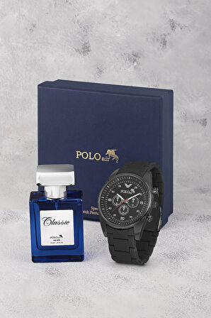 Erkek Silikon Kordon Kol Saati Ve 55 ml Parfüm Seti Hediyelik Kutusunda Kombin Siyah Renk PL-0982E1