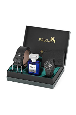 Erkek Set Kombin Kemer Cüzdan Parfüm Kol Saati Hediyelik Kutusunda Siyah Set PL-0968E1