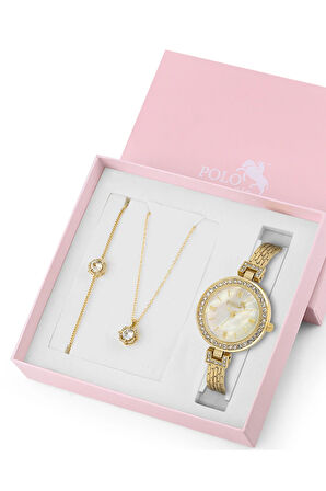 Lüx Taşlı Kadın Kol Saati Zirkon Taşlı Yuvarlak Kolye Bileklik Kombin Gold Renk ST-2162S1