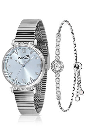 Klasik Kadın Kol Saati Zirkon Taşlı Yuvarlak Bileklik Kombin Gümüş Mavi Renk PL-1554B3