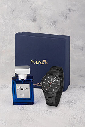 Erkek Kol Saati 55ml Parfüm Hediyelik Kutusunda Kombin Siyah Renk PL-7021E1