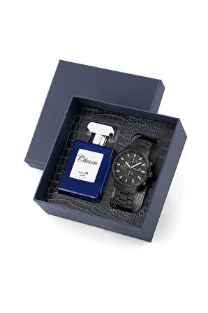 Erkek Kol Saati 55ml Parfüm Hediyelik Kutusunda Kombin Siyah Renk PL-7021E1