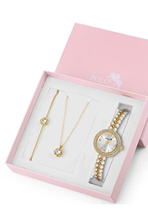 İnci Taşlı Görünümlü Kol Saati Zirkon Taşlı Yuvarlak Kolye Bileklik Set Gold Beyaz Renk ST-2167S1
