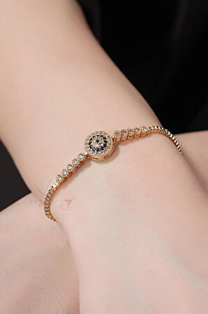 Retro Lüx Taşlı Kadın Kol Saati Zirkon Taşlı Nazar Bileklik Kombin Gold Renk PL-1536B1