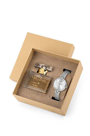 Lüx Taşlı Kadın Kol Saati Ve Parfüm Seti Hediyelik Kutsunda Kombin Gümüş Renk ST-2175S2