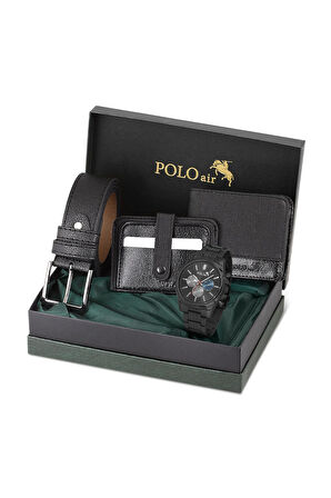 Klasik Erkek Kol Saati Cüzdan Kemer Kartlık Set Kombin Siyah Renk PL-0997E1