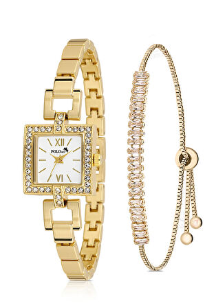 Kare Kasa Kadın Kol Saati Zirkon Taşlı Baget Bileklik Kombin Gold Renk PL-1544B1