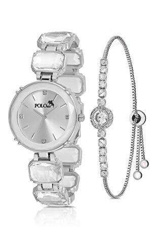 Lüx Taşlı Kordon Kadın Kol Saati Zirkon Taşlı Yuvarlak Bileklik Kombin Gümüş Renk PL-1533B2