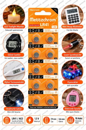 LR41 AG3 1.5V Alkalin Düğme Pil 10 Adet – LED Mum, Dijital Saat, Termometre ve Oyuncak Pili