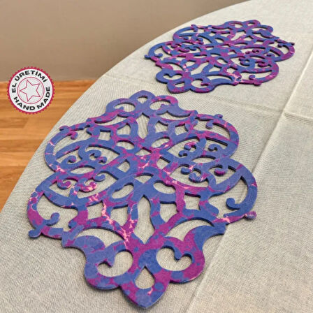 Uretti - Gülin 6449 - Ebru Sanatı ile Elde Yapılmış Lazer Kesim Keçe Supla 2li Takım 40cm - Mor