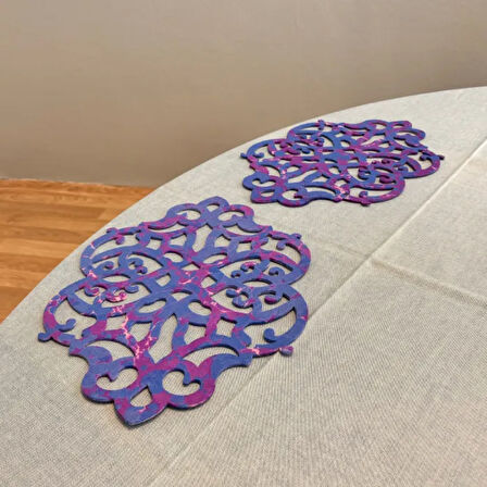 Uretti - Gülin 6449 - Ebru Sanatı ile Elde Yapılmış Lazer Kesim Keçe Supla 2li Takım 40cm - Mor