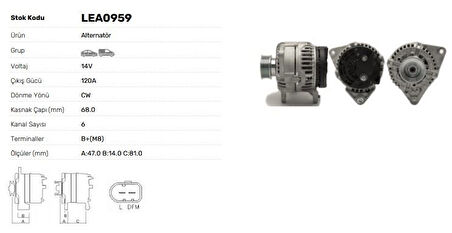 İveco Ticarı Alternator 12v 120a İveco Daıly Turbo II Peugeot Premier J10 14> (bosch Tipi) - Lucas Lea0959
