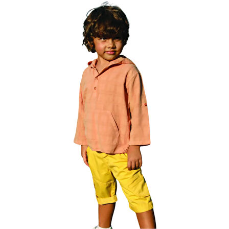 Erkek Çocuk Kapüşonlu Kanguru Cepli Pamuk Gömlek – Yumuşak Kumaş, Katlanabilir Kol