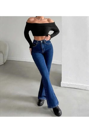 Lacivert Çnr Kadın Yüksek Bel İspanyol Jeans Likralı Esnek Kot Pantolon Yeni Hsn-3