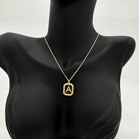 Özel Seri A Harfi Taş Detaylı Gold Kolye - Gold