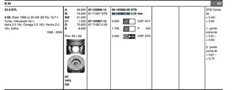 Opel Motor Segmanı Astra G Vectra B Zafıra A (x2,0dtl) / (dizel) / (83,975mm) / (050) - Goetze 61028070g