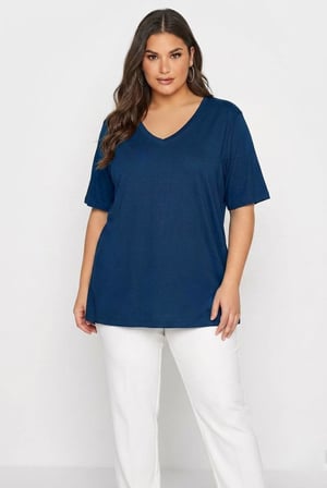 Büyük Beden Kadın Lila V Yaka Pamuklu Viskon T-Shirt - İndigo / 46-48