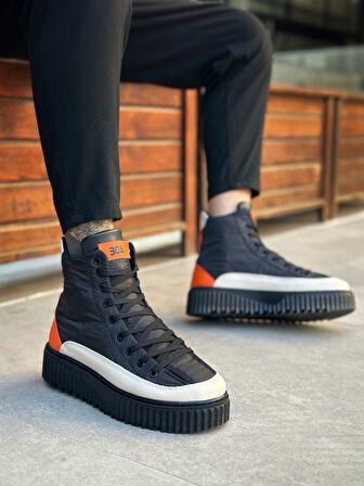 ET0811 Yüksek Siyah Taban Paraşüt Kumaş Turuncu Cilt Detaylı Yarım Bilek Spor Bot