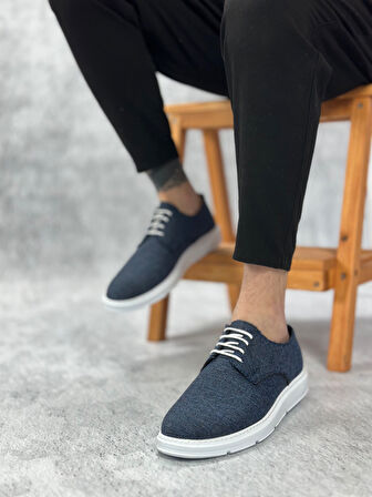 ET0003 Bağcıklı Klasik Spor Keten Lacivert  Beyaz Taban Casual Erkek Ayakkabı