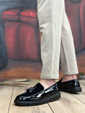 ET0005 Bağcıksız Yüksek Taban Siyah Taban Klasik Süet Detaylı Püsküllü Corcik Erkek Ayakkabı