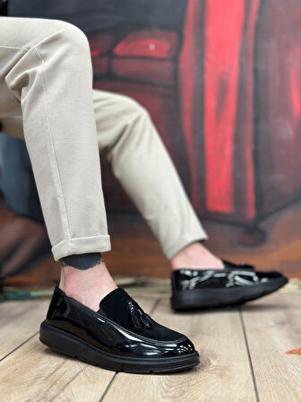 ET0005 Bağcıksız Yüksek Taban Siyah Taban Klasik Süet Detaylı Püsküllü Corcik Erkek Ayakkabı