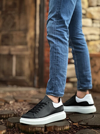 ET0547 Kalın Yüksek Taban Siyah Beyaz Parça Detay Bağcıklı Spor Erkek Ayakkabı