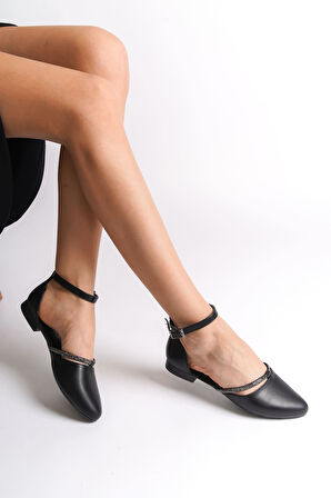 JET-MONICA Tokalı Ortopedik Rahat Taban Taş Detaylı Kadın Babet Ayakkabı  CST - Siyah