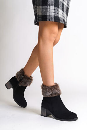 JET-JULIA Fermuarlı Ortopedik Taban Tüylü Topuklu Süet Kadın Bot  SST - Siyah