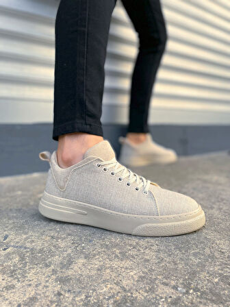 JET-204 Flex Bağcıklı Keten Kumaş Erkek Günlük Sneaker Ayakkabı KKT - Krem