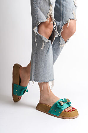 JET-DILA Kalın ve Ortopedik Taban Ayıcıklı Saten Kadın Terlik  SKT - Yeşil