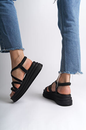 JET-BELLA Lastikli Şerit Detaylı Ortopedik Taban Kadın Sandalet CST - Siyah