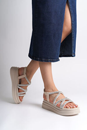 JET-ELENA Lastikli Taşlı Şeritli Ortopedik Taban Kadın Sandalet  CKT - Krem