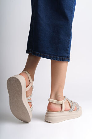 JET-ELENA Lastikli Taşlı Şeritli Ortopedik Taban Kadın Sandalet  CKT - Krem