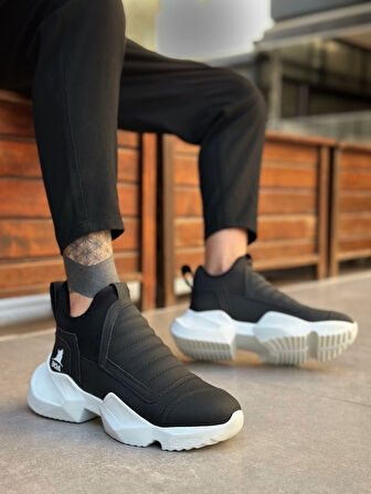 ET0401 Bağcıksız Rahat Yüksek Taban Siyah Erkek Spor Yarım Bilek Bot