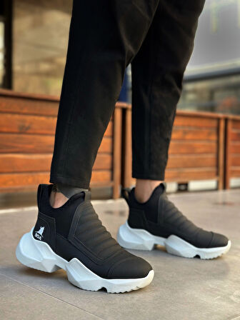 ET0401 Bağcıksız Rahat Yüksek Taban Siyah Erkek Spor Yarım Bilek Bot