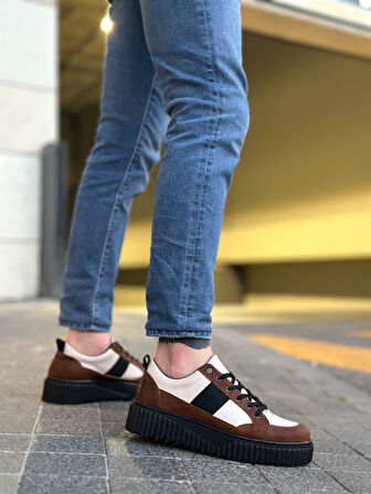 ET0804 Yüksek Siyah Taban Kahve Detaylı Bağcıklı Erkek Ayakkabı