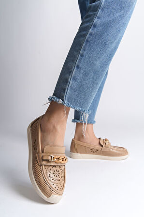 JET-LIZY Bağcıksız Ortopedik Rahat Taban Çiçek Desenli Kadın Babet Ayakkabı CKT - Ten