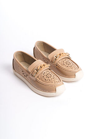 JET-LIZY Bağcıksız Ortopedik Rahat Taban Çiçek Desenli Kadın Babet Ayakkabı CKT - Ten