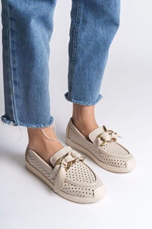 JET-LYDIA Bağcıksız Ortopedik Rahat Taban Kalp Desenli Kadın Babet Ayakkabı  CKT - Krem