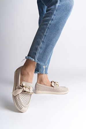 JET-LYDIA Bağcıksız Ortopedik Rahat Taban Kalp Desenli Kadın Babet Ayakkabı  CKT - Krem