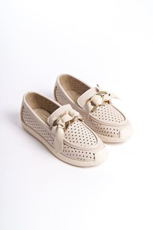 JET-LYDIA Bağcıksız Ortopedik Rahat Taban Kalp Desenli Kadın Babet Ayakkabı  CKT - Krem