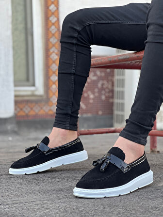 ET0005 Bağcıksız Yüksek Taban Siyah Beyaz Taban Kemerli Klasik Püsküllü Corcik Erkek Ayakkabı