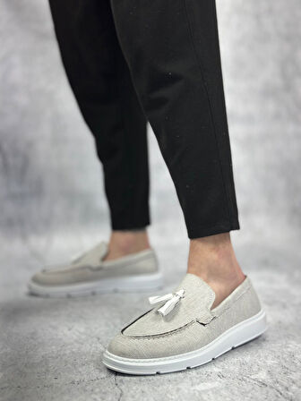 ET0005 Bağcıksız Yüksek Taban Klasik Yeni Keten Gri Püsküllü Erkek Ayakkabı